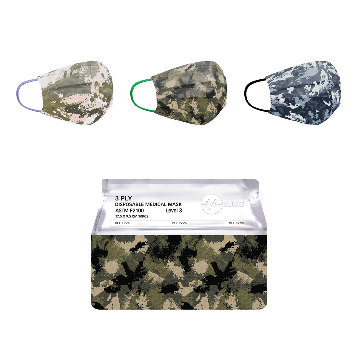 HELMS STORE Masks Camo Adults Disposable Face Masks - Bag of 30