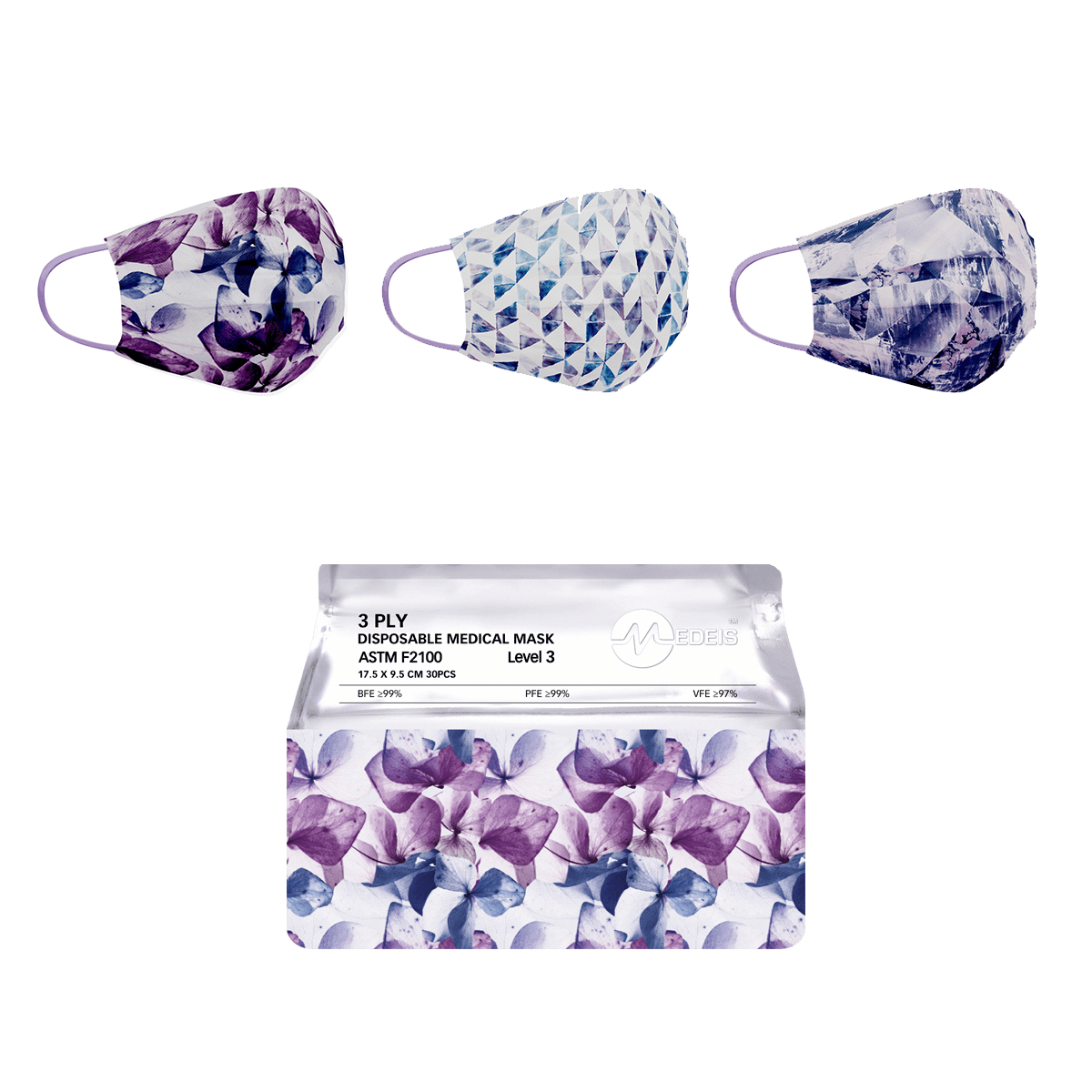 HELMS STORE Masks Lavender Adults Disposable Face Masks - Level 3 - Bag of 30
