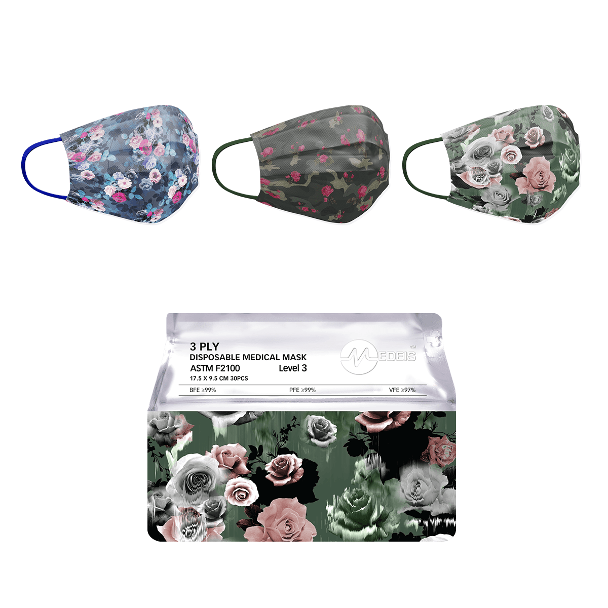 HELMS STORE Masks Rosey Adults Disposable Face Masks - Level 3 - Bag of 30